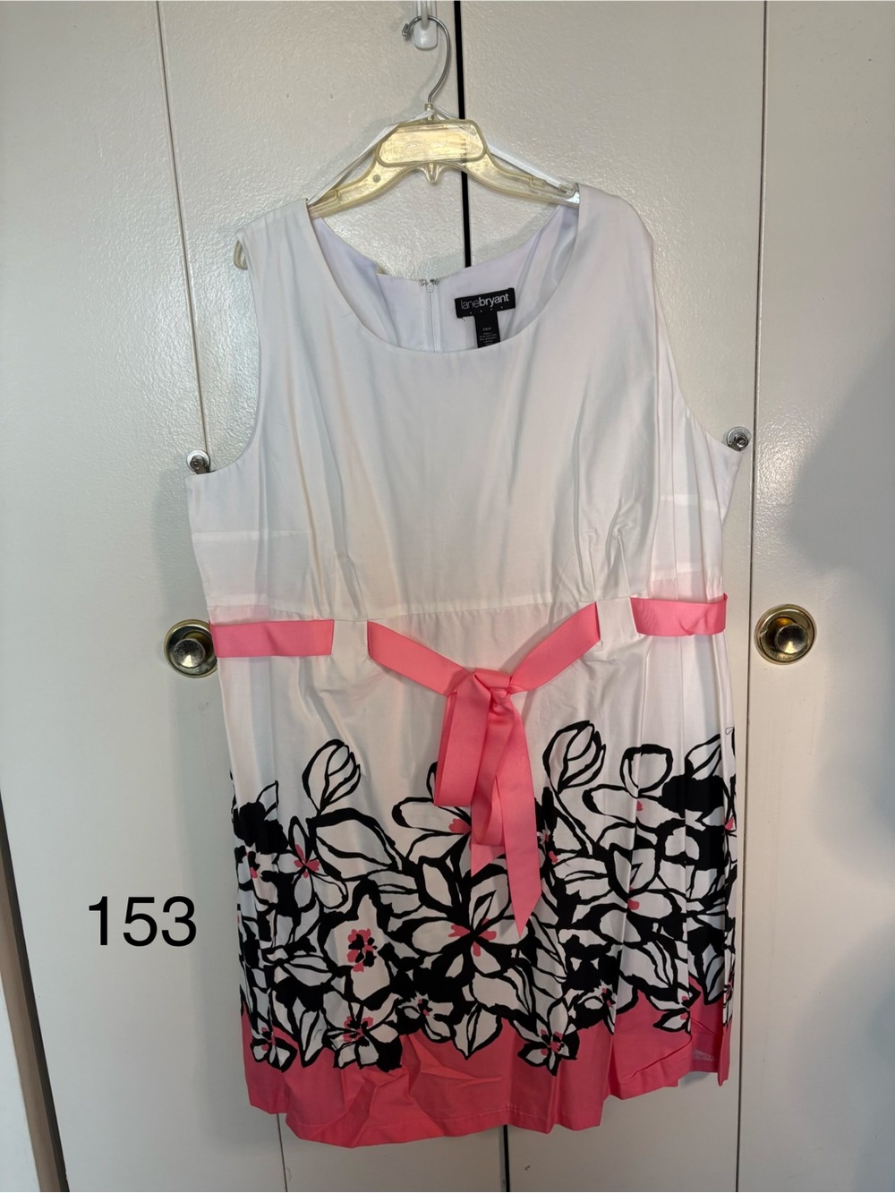 Lane Bryant White Midi Dress with Black Floral and Pink Trim